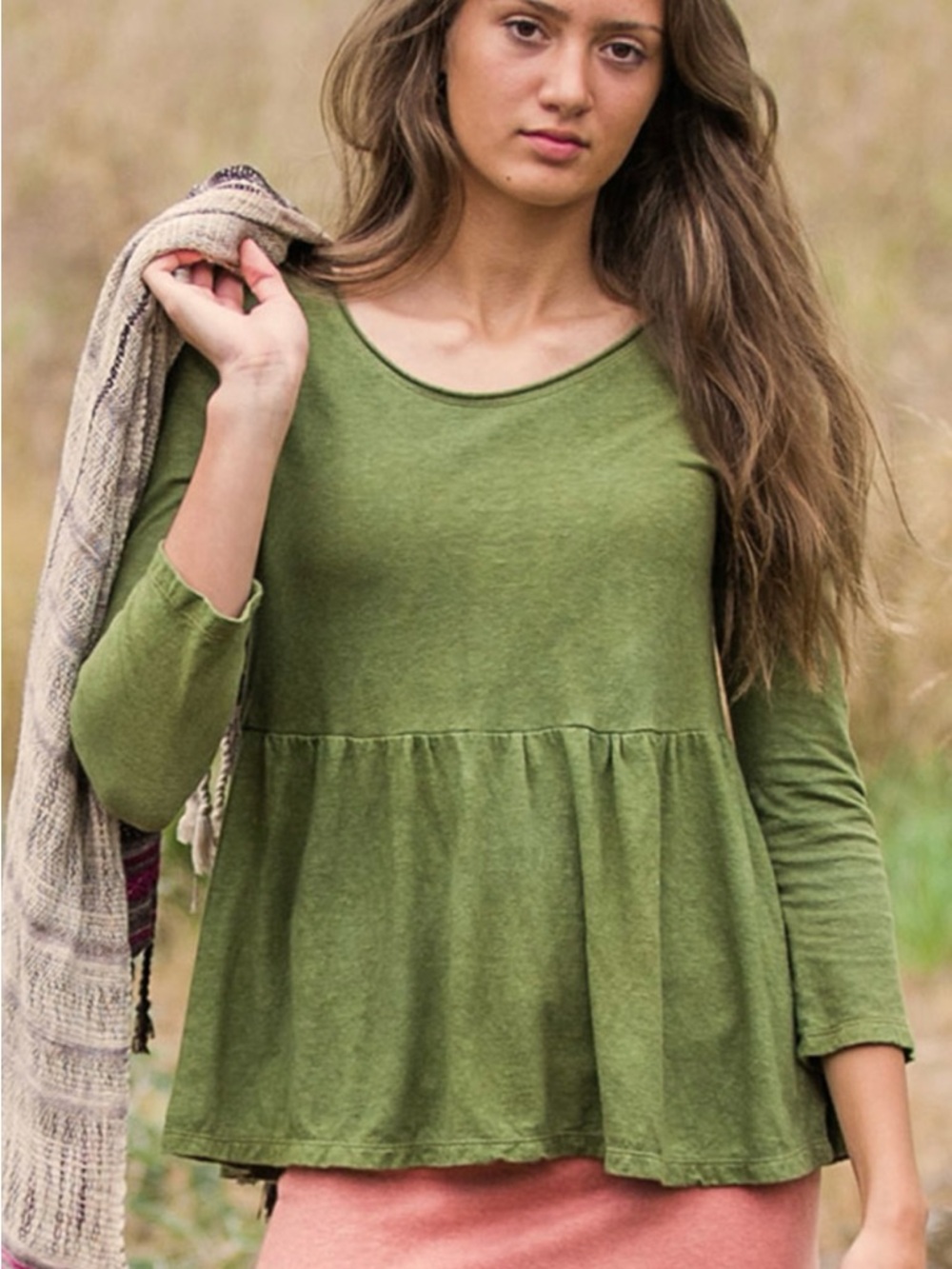 Bohemian Folk Babydoll top, Olive, naturally dyed- organic cotton and hemp - Picture 2 of 4